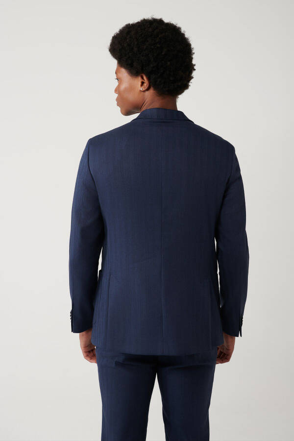 Slim fit, comfortable, pocket, linen blend, navy blue, swallow collar, unlined, stretch jacket. - 4