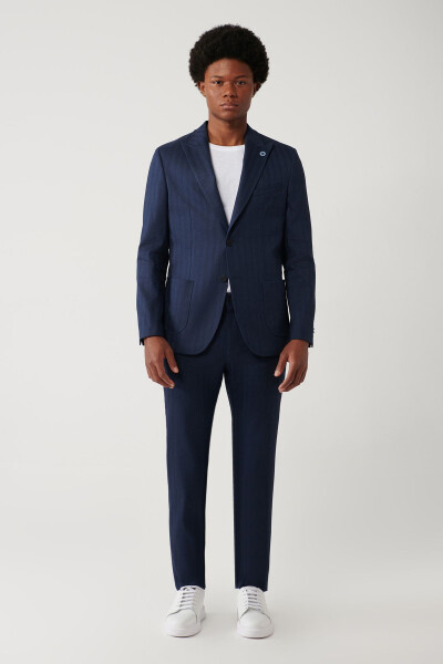 Slim fit, comfortable, pocket, linen blend, navy blue, swallow collar, unlined, stretch jacket. - 5