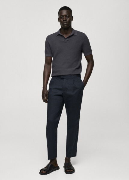 Slim fit cotton pants with pleats - Midnight Blue - 3