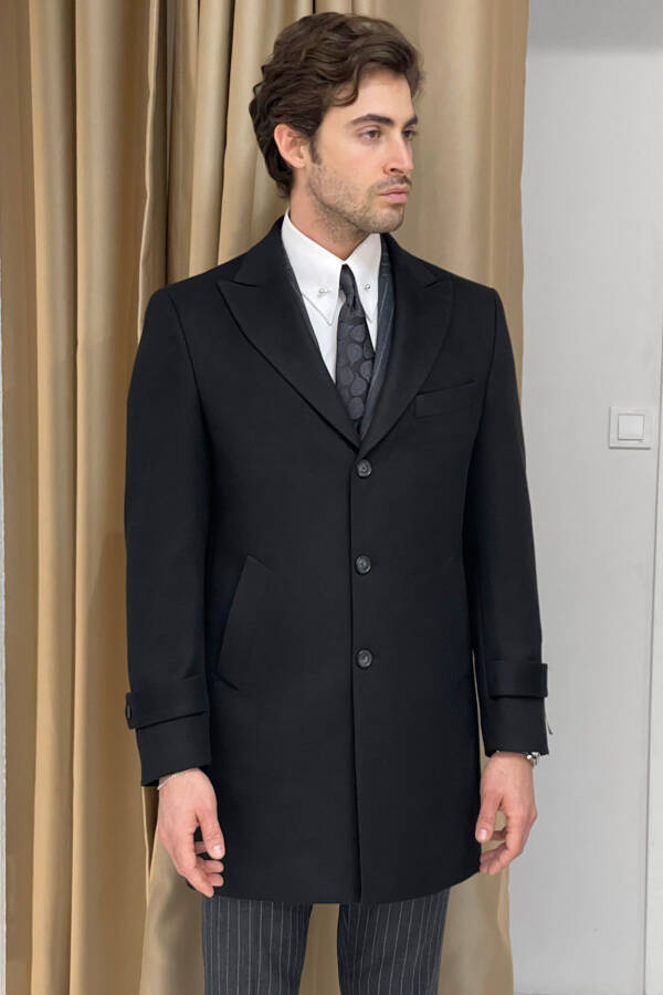 Slim Fit Custom Made Wide Point Collar Long Wool Coat - 1