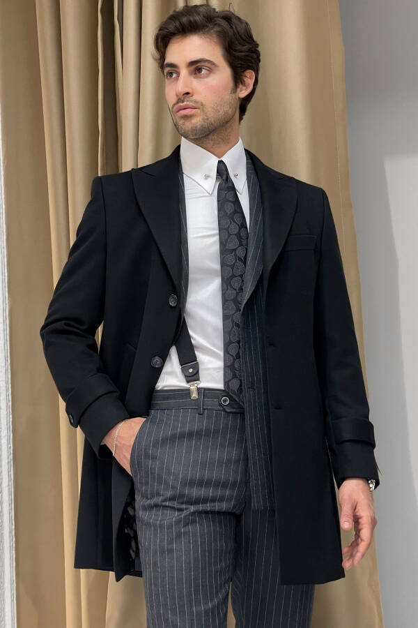 Slim Fit Custom Made Wide Point Collar Long Wool Coat - 2