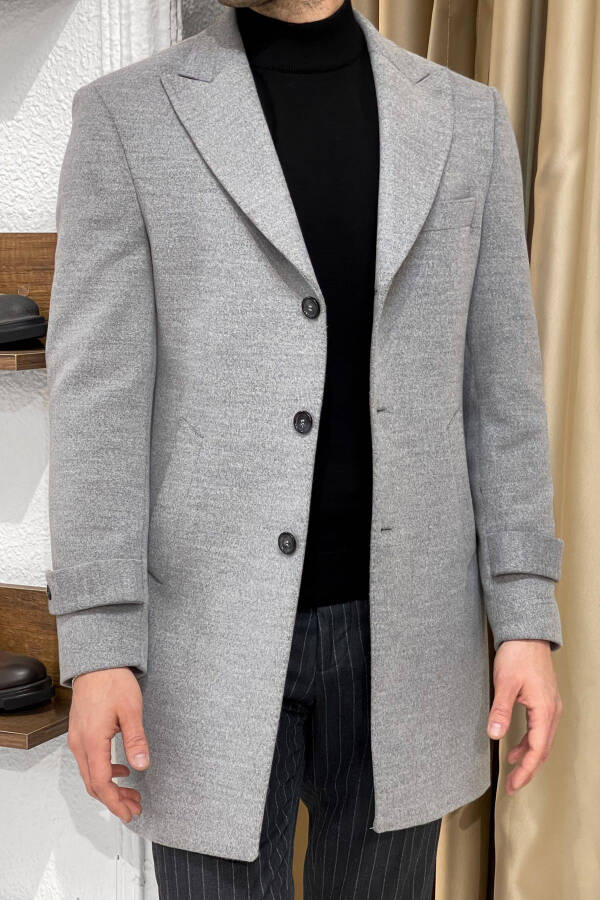 Slim Fit Custom Made Wide Pointed Collar Punto Stitched Long Wool Coat - 5