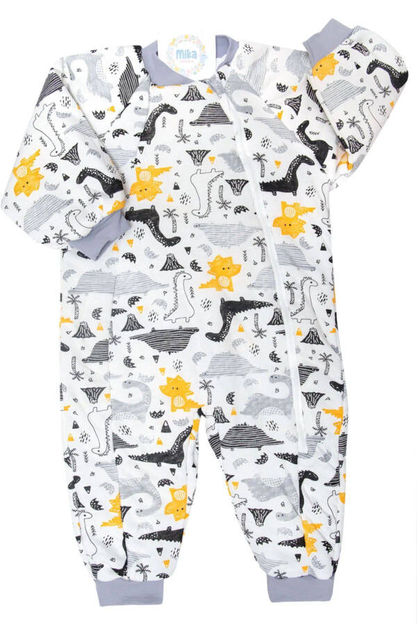 Slim Fit Dinosaur Print Gray Zippered Baby Boy Sleepsuit - 1