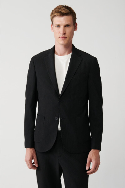 Slim fit, double breasted, black, textured, unlined men's jacket. - 8