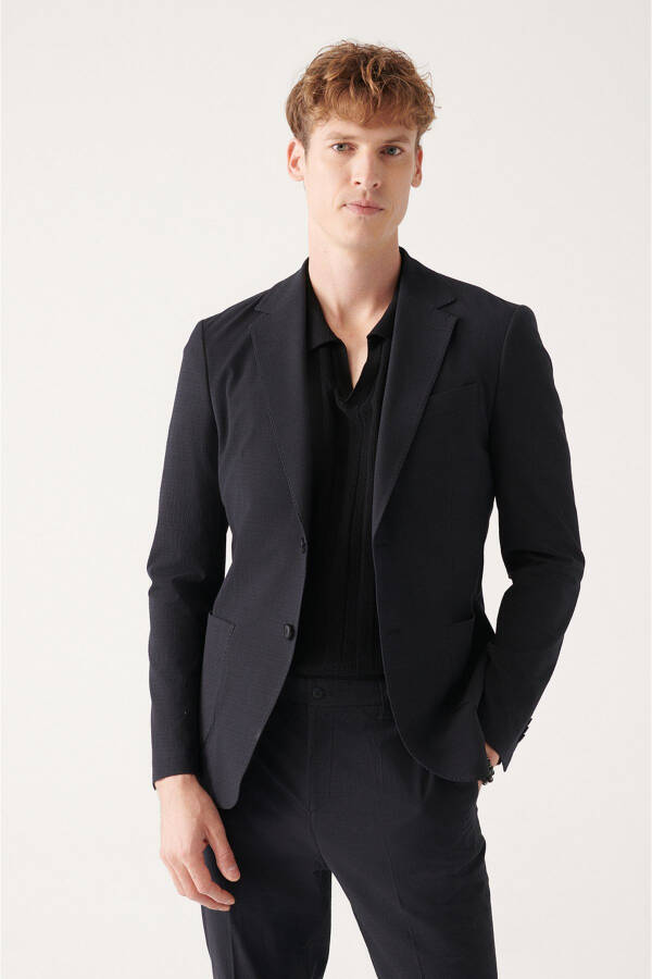 Slim Fit, Double Breasted, Gofre Texture, Unlined Black Men's Jacket - 5