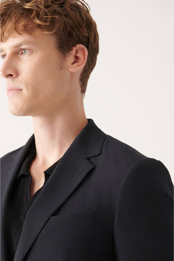 Slim Fit, Double Breasted, Gofre Texture, Unlined Black Men's Jacket - 6