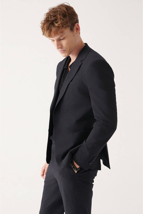 Slim Fit, Double Breasted, Gofre Texture, Unlined Black Men's Jacket - 7