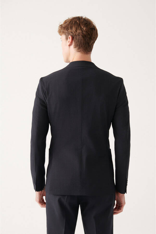 Slim Fit, Double Breasted, Gofre Texture, Unlined Black Men's Jacket - 8