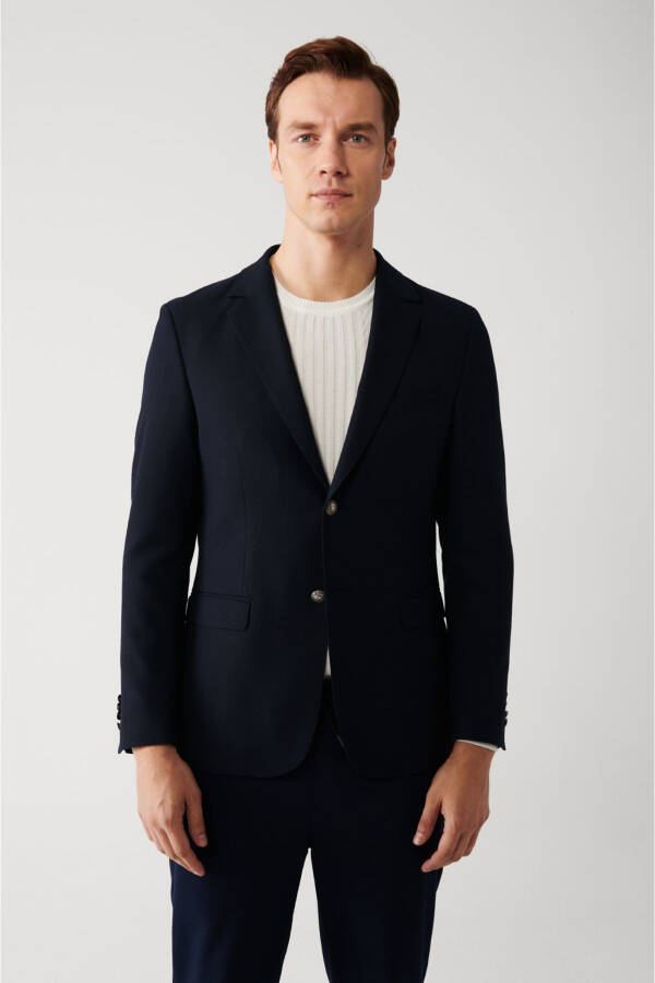 Slim fit, double breasted, lined, flap pocket, single breasted men's navy blue jacket. - 6