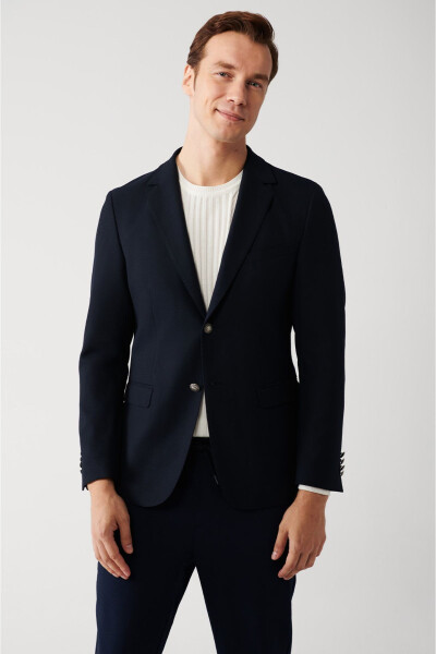 Slim fit, double breasted, lined, flap pocket, single breasted men's navy blue jacket. - 8