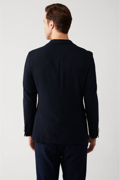 Slim fit, double breasted, lined, flap pocket, single breasted men's navy blue jacket. - 9