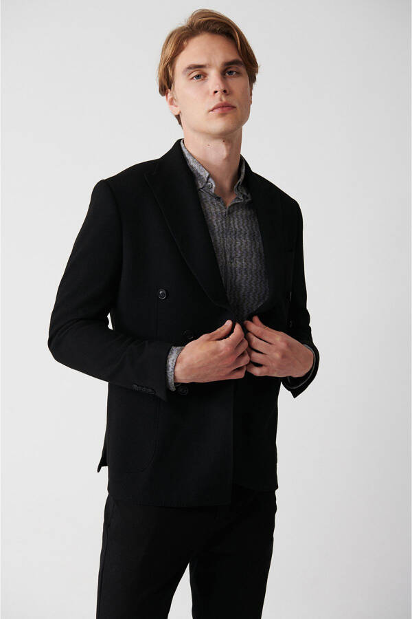 Slim fit, double-breasted, shawl collar, unlined, black men's jacket. - 10