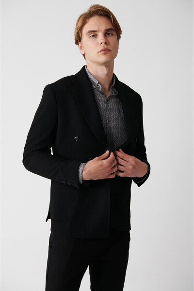 Slim fit, double-breasted, shawl collar, unlined, black men's jacket. - 4