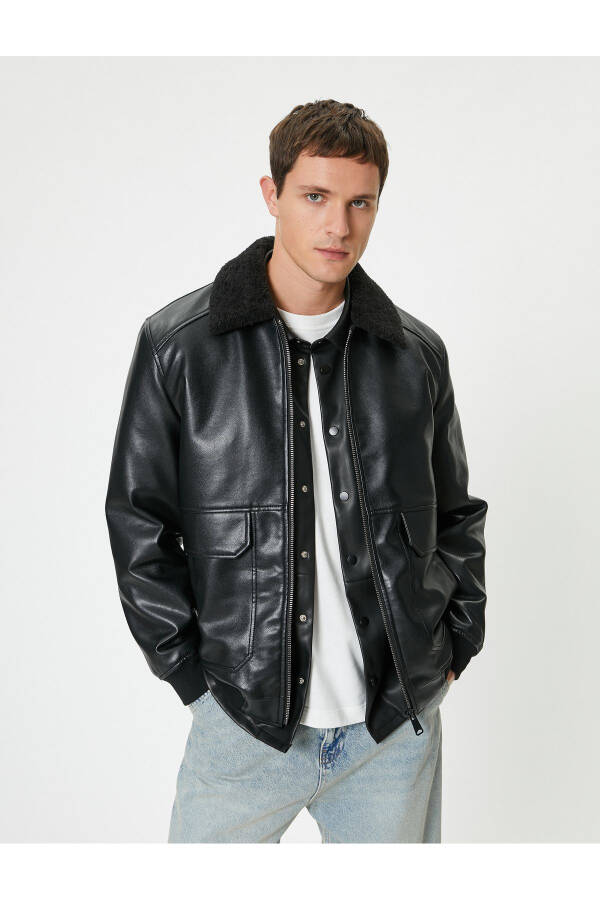 Slim fit faux fur leather jacket with pockets - 1