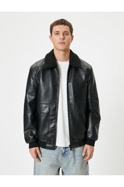 Slim fit faux fur leather jacket with pockets - 5