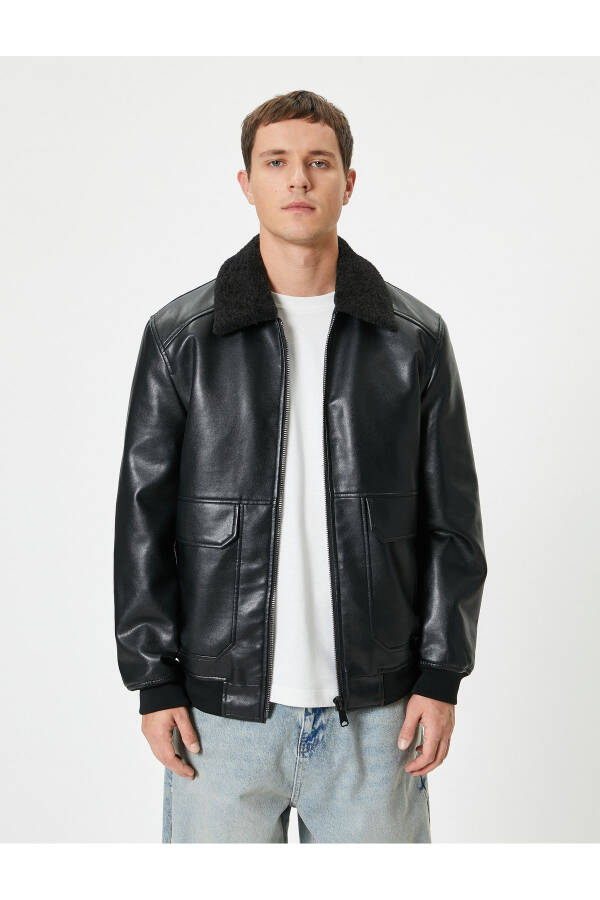 Slim fit faux fur leather jacket with pockets - 5