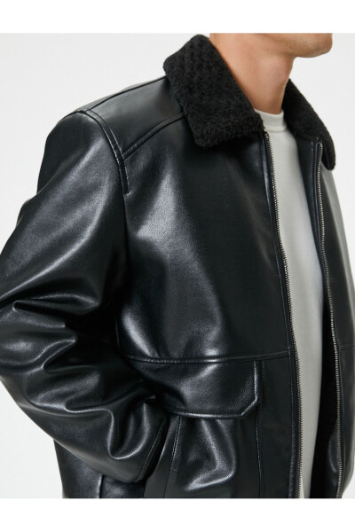 Slim fit faux fur leather jacket with pockets - 7