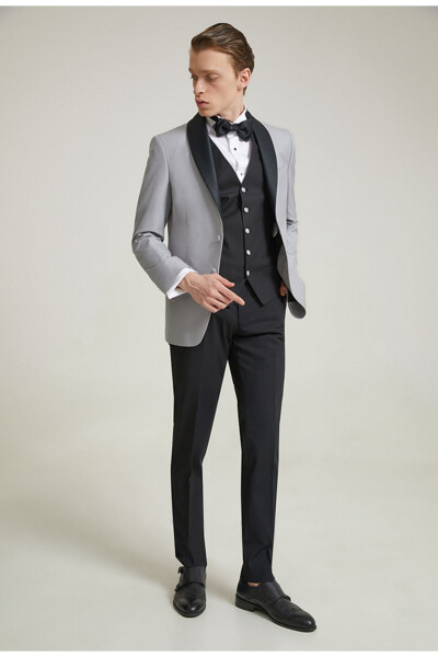 Slim Fit Gray Armored Wedding Suit & Tuxedo Vest - 7