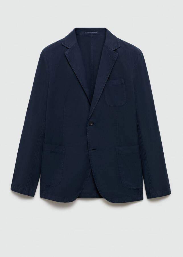 Slim fit linen-cotton blend blazer jacket - Navy. - 2