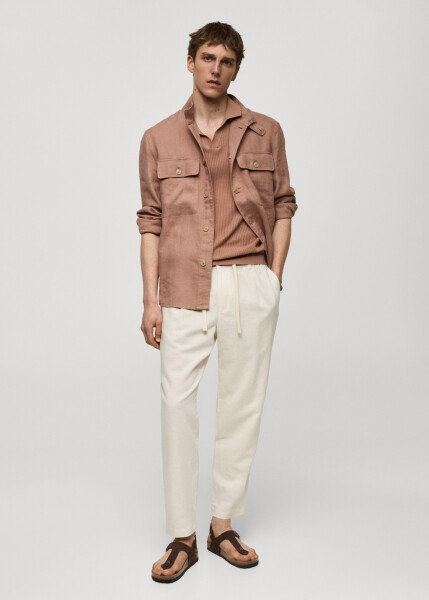 Slim fit linen drawstring pants - Off White - 75