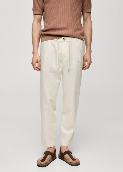 Slim fit linen drawstring pants - Off White - 77