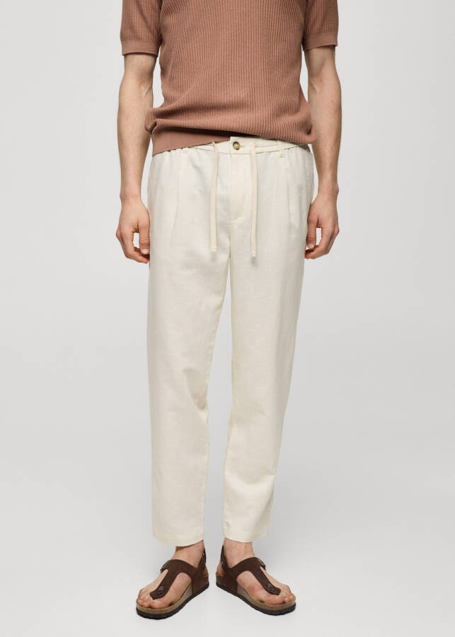 Slim fit linen drawstring pants - Off White - 57