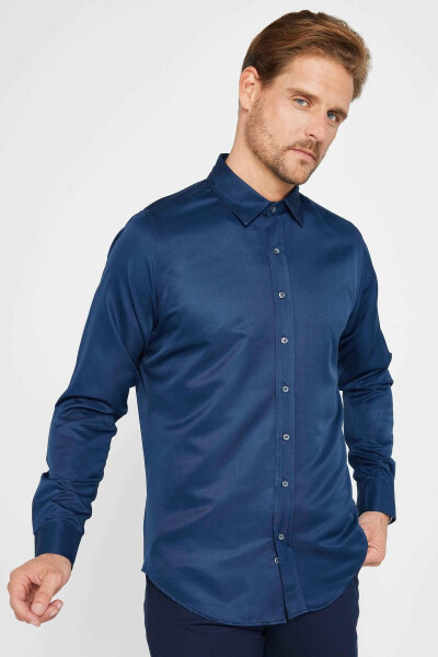 Slim Fit Long Sleeve Easy Iron Moisture Wicking Breathable Textured Tie Neck Four Season Navy Blue Men's Shirt - 7