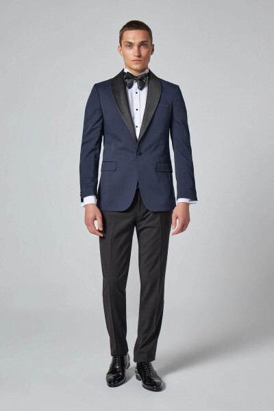 Slim Fit Navy Blue Patterned Groom Suit & Tuxedo - 9