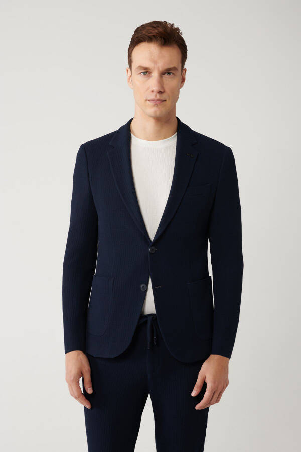 Slim fit, navy blue, single breasted, vent, unlined, bi stretch fabric men's jacket. - 3