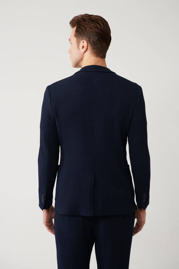 Slim fit, navy blue, single breasted, vent, unlined, bi stretch fabric men's jacket. - 4