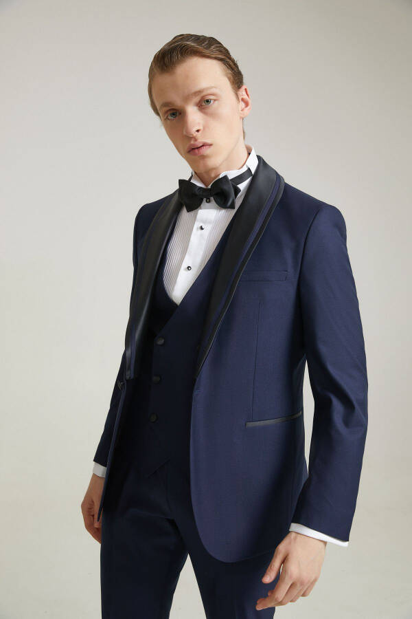 Slim Fit Navy Blue Viscose Blend Groom Suit & Tuxedo Set with Vest - 11