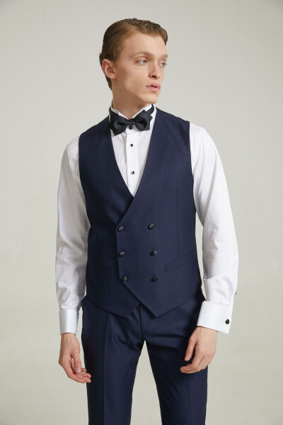 Slim Fit Navy Blue Viscose Blend Groom Suit & Tuxedo Set with Vest - 14