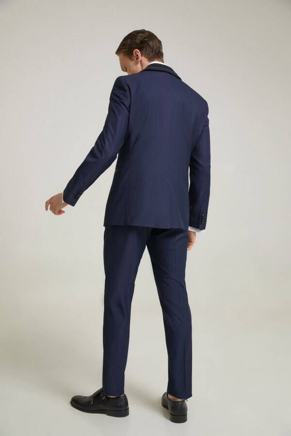 Slim Fit Navy Blue Viscose Blend Groom Suit & Tuxedo Set with Vest - 15