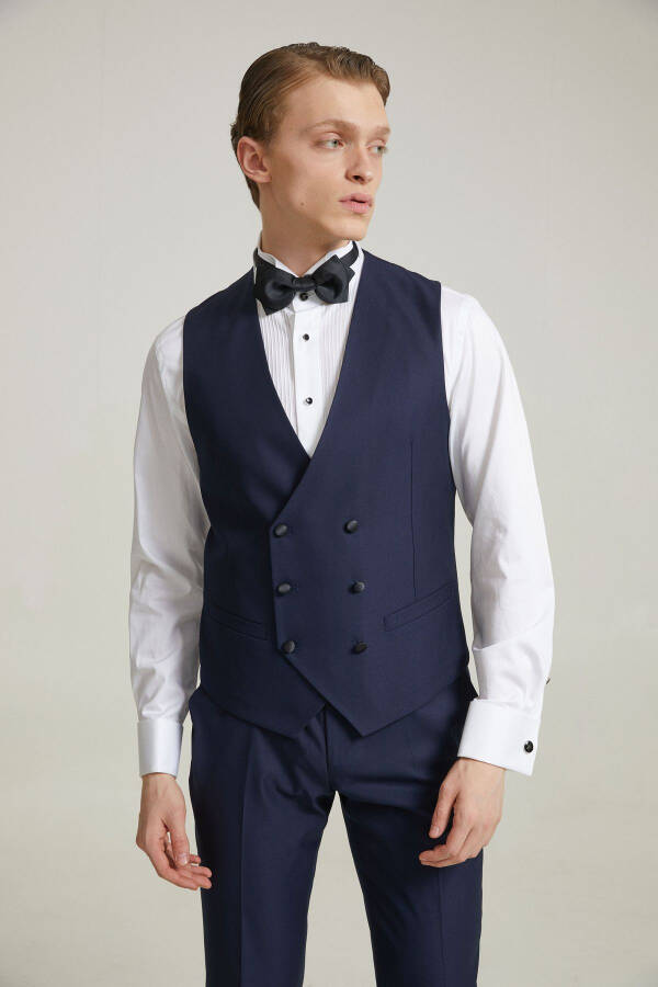 Slim Fit Navy Blue Viscose Blend Groom Suit & Tuxedo Set with Vest - 4