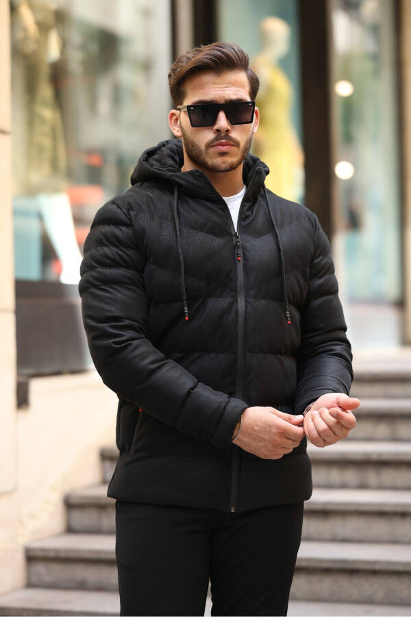 Slim Fit Nubuck Puffer Jacket with Hood - 1