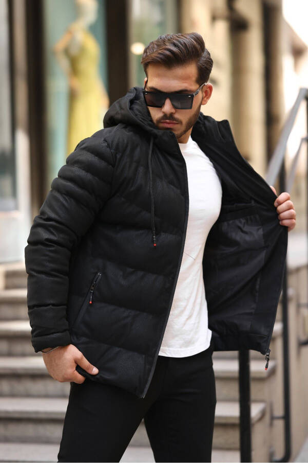 Slim Fit Nubuck Puffer Jacket with Hood - 2