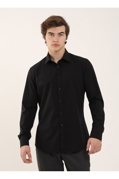 Slim Fit Plain Collar Solid Black Men's Shirt DU1999011038 - 1