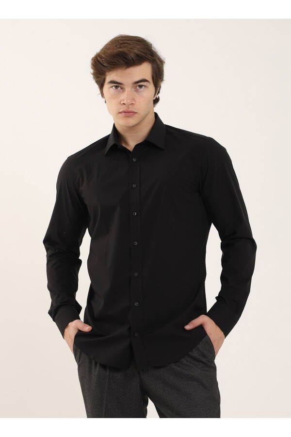 Slim Fit Plain Collar Solid Black Men's Shirt DU1999011038 - 2