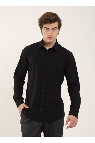 Slim Fit Plain Collar Solid Black Men's Shirt DU1999011038 - 3