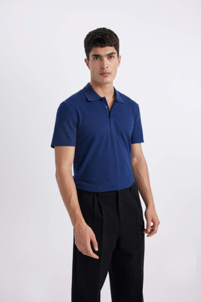 Slim Fit Polo Collar Basic Short Sleeve T-Shirt Dark Indigo - 1