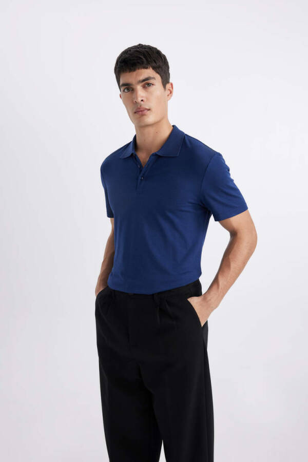 Slim Fit Polo Collar Basic Short Sleeve T-Shirt Dark Indigo - 3