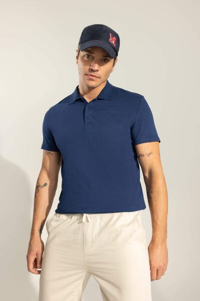 Slim Fit Polo Collar Basic Short Sleeve T-Shirt Dark Indigo - 11