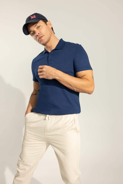 Slim Fit Polo Collar Basic Short Sleeve T-Shirt Dark Indigo - 13