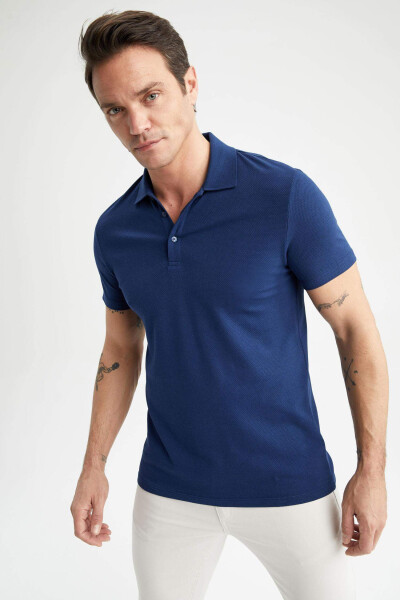 Slim Fit Polo Collar Basic Short Sleeve T-Shirt Dark Indigo - 17