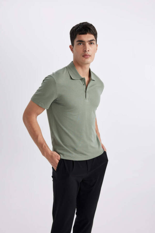 Slim Fit Polo Yaka Basic Kısa Kollu Pamuklu Tişört Açık Yeşil - 3