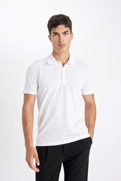 Slim Fit Polo Yaka Basic Kısa Kollu Pamuklu Tişört Beyaz - 1