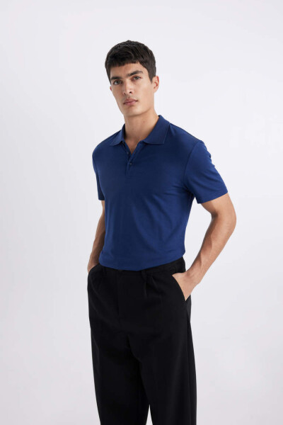 Slim Fit Polo Yaka Basic Kısa Kollu Tişört Koyu İndigo - 3