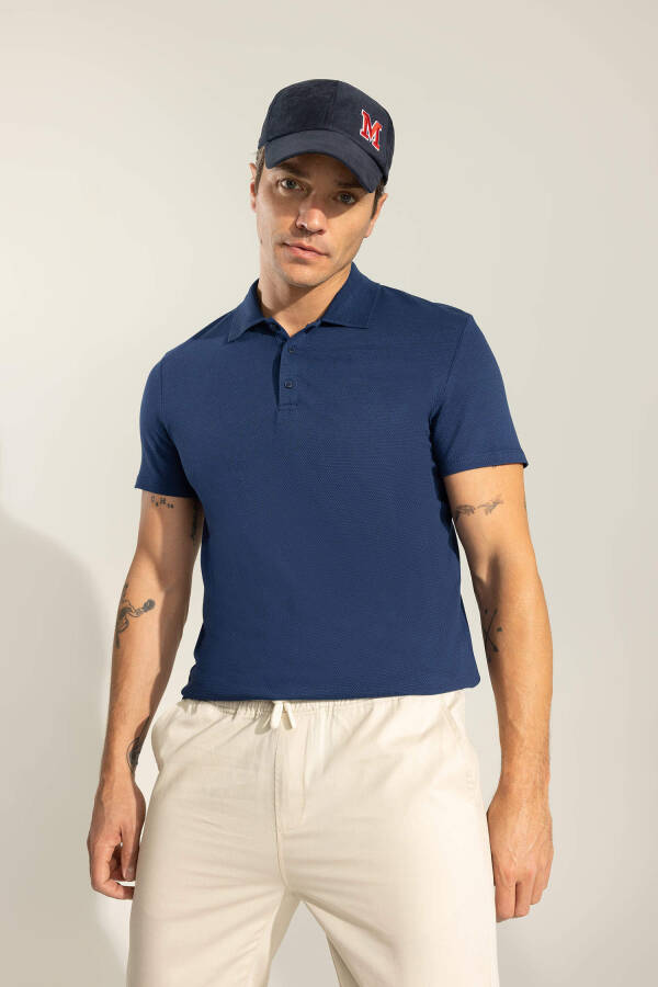 Slim Fit Polo Yaka Basic Kısa Kollu Tişört Koyu İndigo - 11