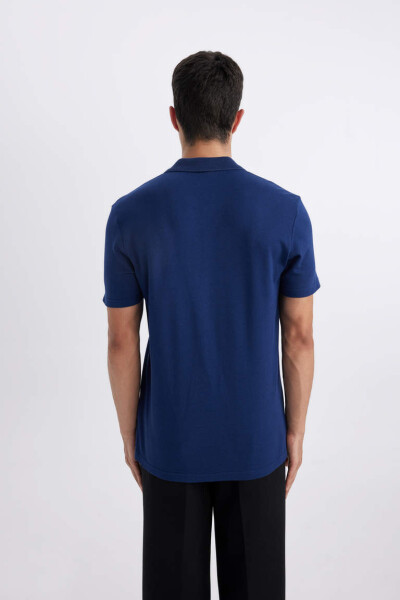 Slim Fit Polo Yaka Basic Qisqa Yengli Futbolka Qorong'i Indigo - 5