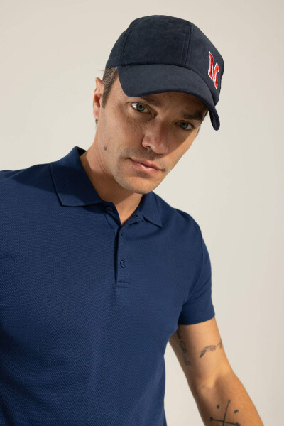 Slim Fit Polo Yaka Basic Qisqa Yengli Futbolka Qorong'i Indigo - 14